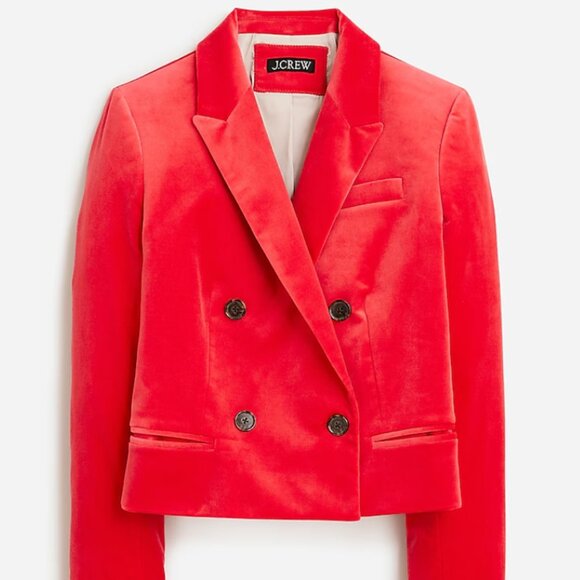 Cropped double-breasted blazer in stretch velvet - Picture 1 of 5